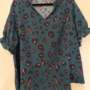 Amazon Blue and Brown Flutter Sleeve Blouse with Notched Collar